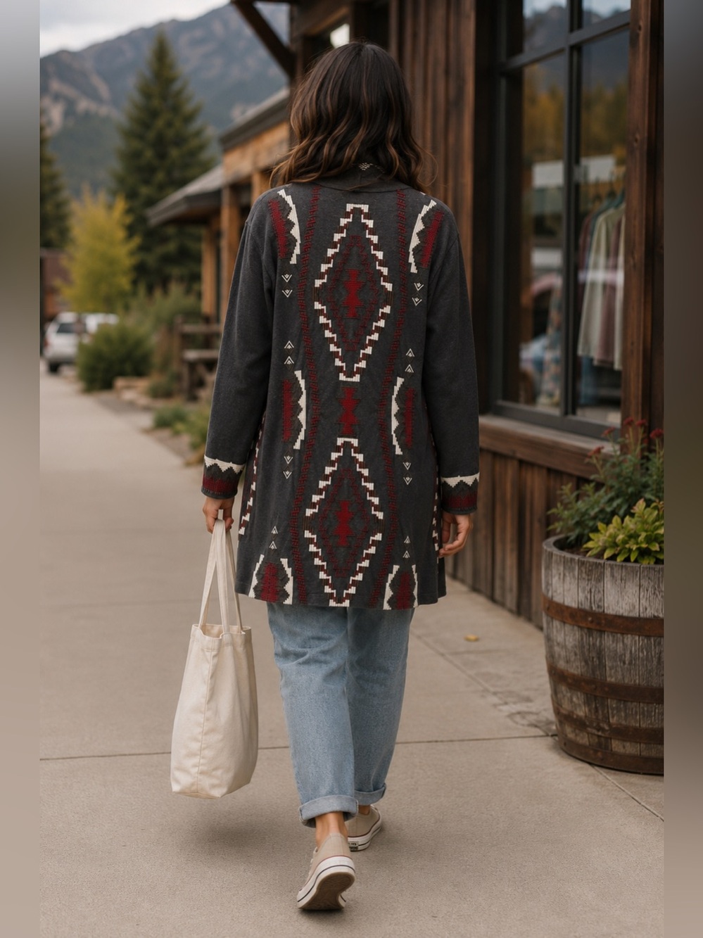 Johnny Was Embroidered Southwestern Long Open Cardigan Gray Red S Small - Picture 2 of 8